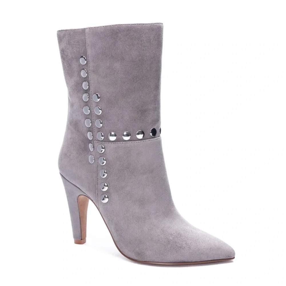 42 GOLD Konnie Gray Suede Studded Ankle Booties Women's Size 9 Cone Heel NEW